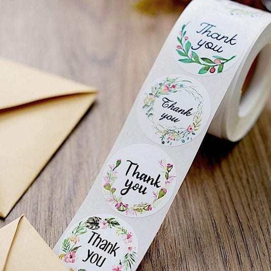 500 White with Black Thank You 1.5 in Round Floral Stickers Roll