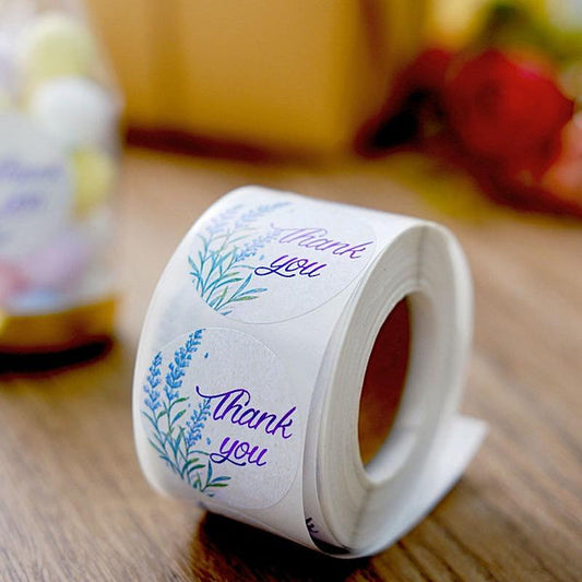 500 White with Purple Thank You 1.5 in Round Floral Stickers Roll