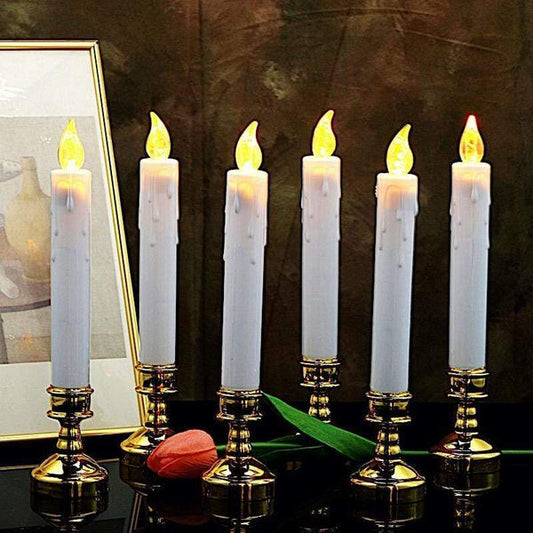 6 White 10 in tall LED Taper Candles Lights with Gold Candle Holders