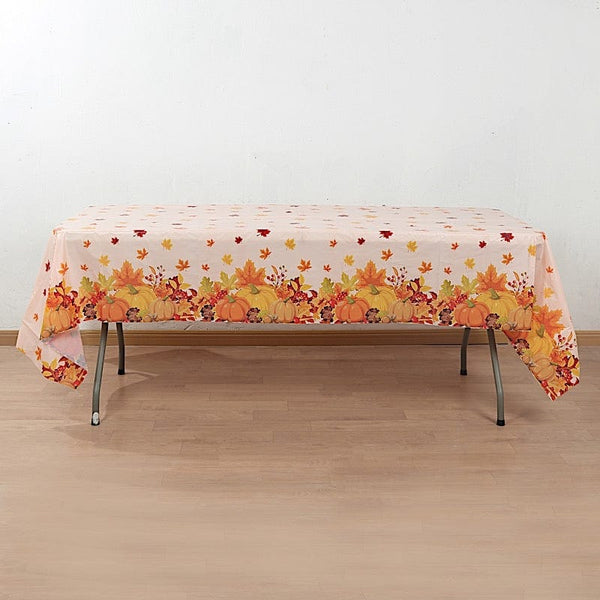 5 Orange 54x108 in Rectangular Disposable Plastic Tablecloths with Fall Autumn Leaves Pumpkin Print