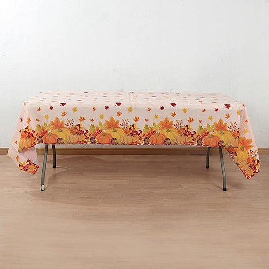 5 Orange 54x108 in Rectangular Disposable Plastic Tablecloths with Fall Autumn Leaves Pumpkin Print
