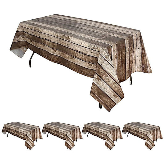 5 pack 52x108 in Charcoal Gray Rectangular Disposable Plastic Tablecloth with Rustic Wooden Design