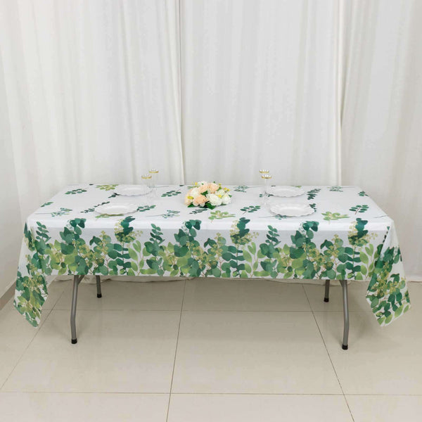 5 White and Green 54x108 in Rectangular Disposable Plastic Tablecloths with Eucalyptus Leaves Print