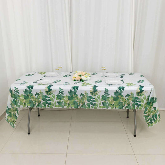 5 White and Green 54x108 in Rectangular Disposable Plastic Tablecloths with Eucalyptus Leaves Print
