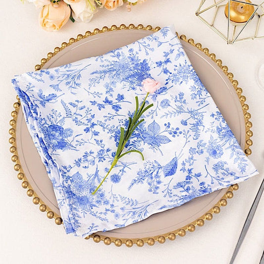 5 White 20x20 in Satin Dinner Table Napkins with Blue Floral Design