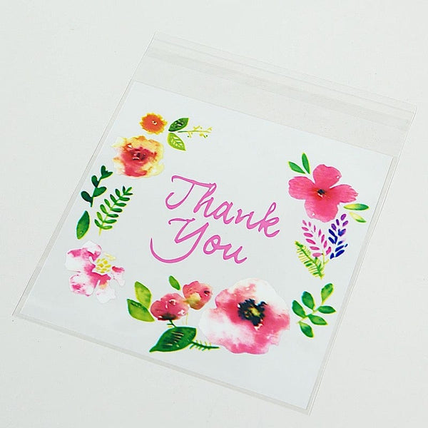 100 Clear and White PVC Cookie Favor Bags With "Thank You" Floral Print