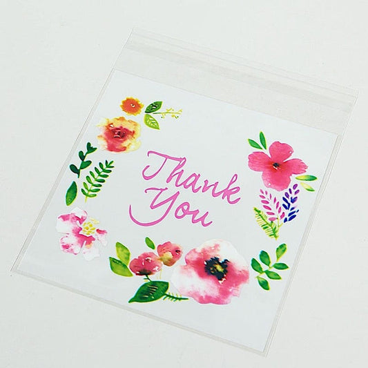 100 Clear and White PVC Cookie Favor Bags With "Thank You" Floral Print