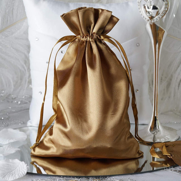 12 pcs Antique Gold 6x9" Satin Favor Bags with Pull String