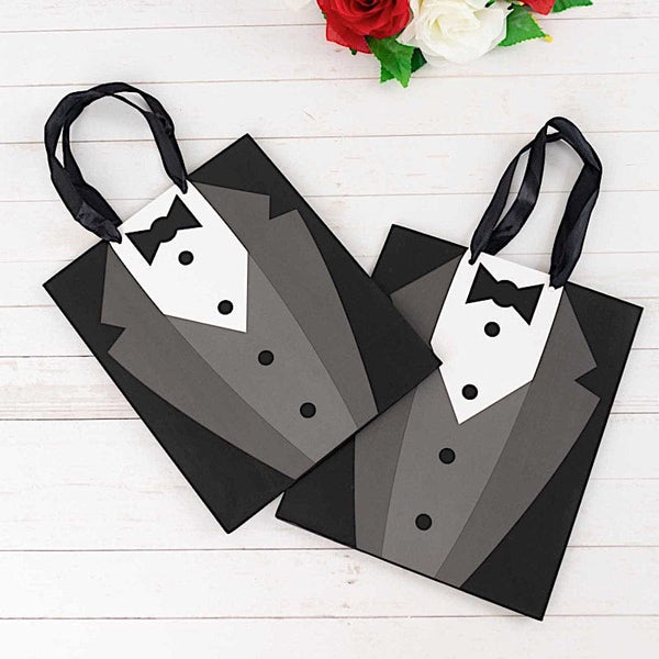 12 Black and White Tuxedo Paper Gift Tote Bags with Satin Handles