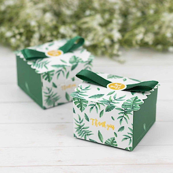 25 Green Monstera Leaf Print Favor Gift Boxes with Satin Ribbon Bow