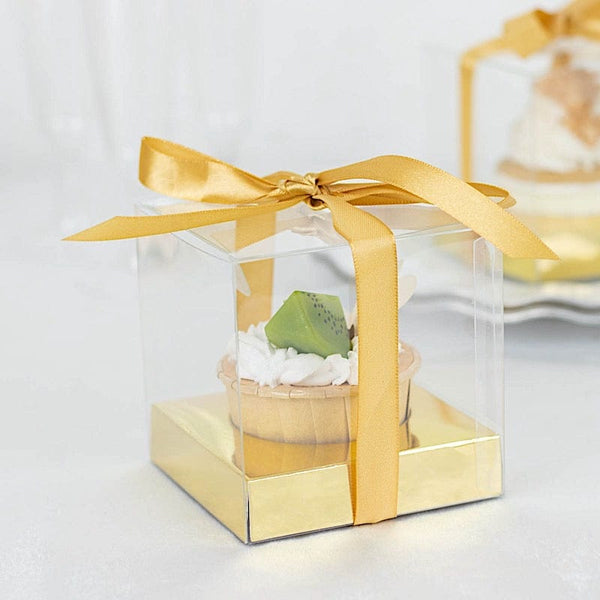 12 Clear and Metallic Gold 3 in Square Mini Cupcake Boxes with Ribbons