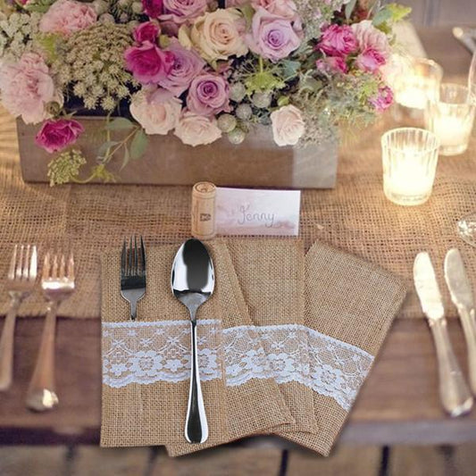 10 pcs 4"x 8" Natural Burlap with Lace Silverware Napkin Holders Pouches