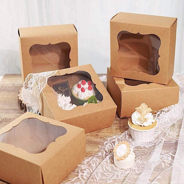 12 Brown 6 in Disposable Bakery Cake Boxes with Window Favor Holders