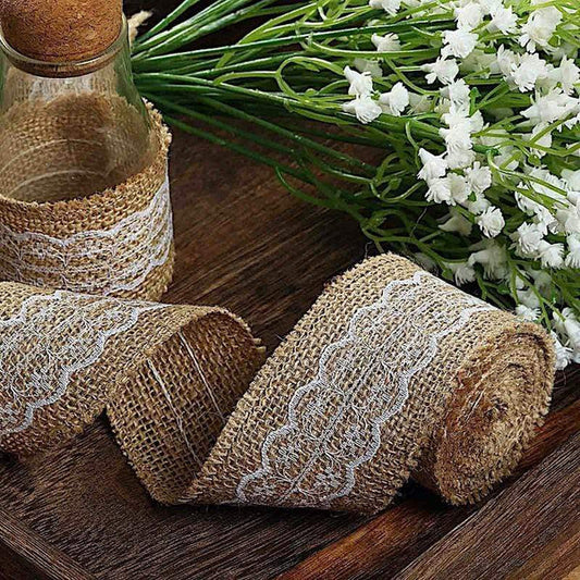 16 feet Natural Burlap Ribbon with Lace DIY Craft Decorations