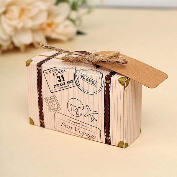 24 Light Brown Favor Boxes Travel Suitcase Design with Tags