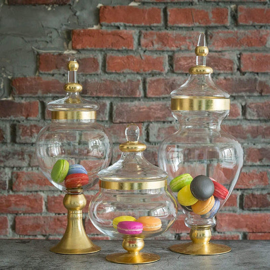 3 pcs 11" 16" 18" tall Gold Trimmed Clear Glass Apothecary Jars with Lids