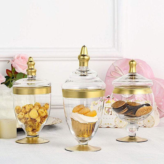 3 pcs Clear with Gold Trim Glass Apothecary Jars with Lids