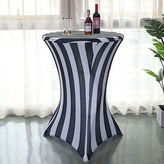 32 in Black and White Striped Cocktail Table Cover Fitted Premium Spandex Tablecloth