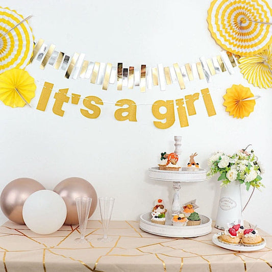 3 feet Gold Glittered It's A Girl Paper Gender Reveal Hanging Party Garland