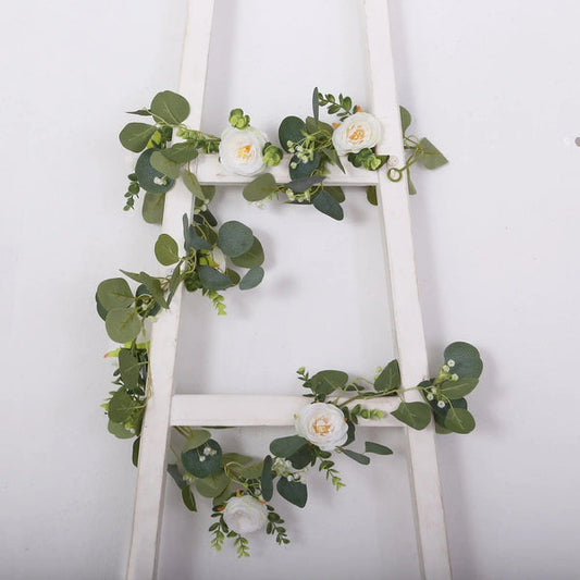 5.5 feet Green Artificial Eucalyptus Leaves Garland with Silk Rose Flower Heads