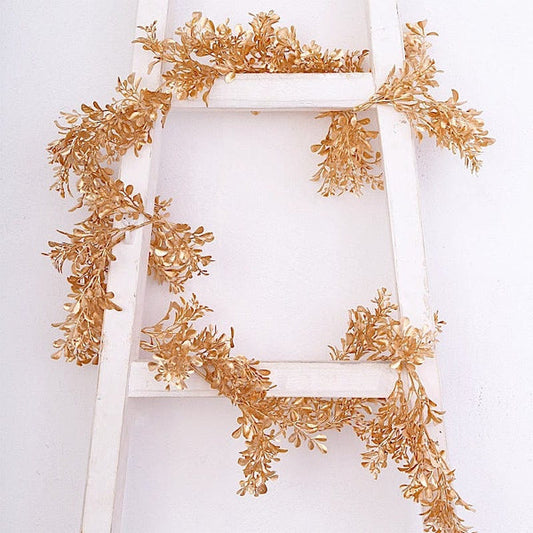Gold 6 feet Artificial Boxwood Foliage Metallic Leaves Garland