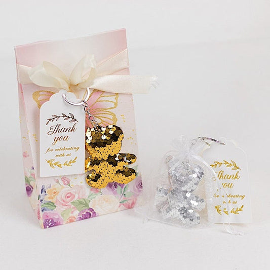 20 Gold Silver 3 in Sequin Teddy Bear Keychains with Organza Bags and Thank You Tags
