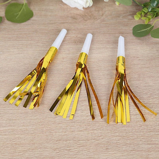 24 Gold Metallic Fringed Horns Noisemakers