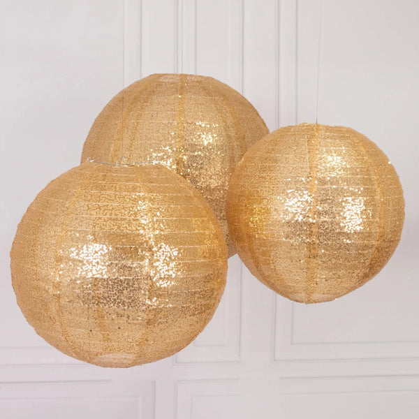 3 Round Shimmer Sequin Fabric Hanging Lanterns
