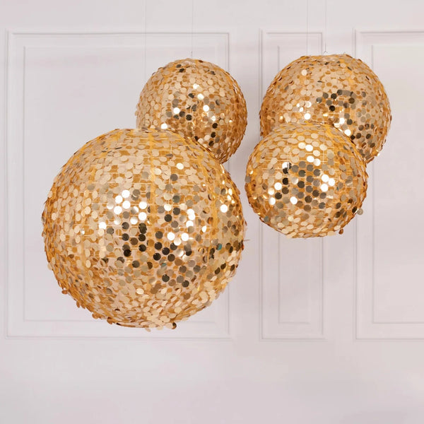 4 Gold Round Shimmer Payette Sequin Hanging Lanterns