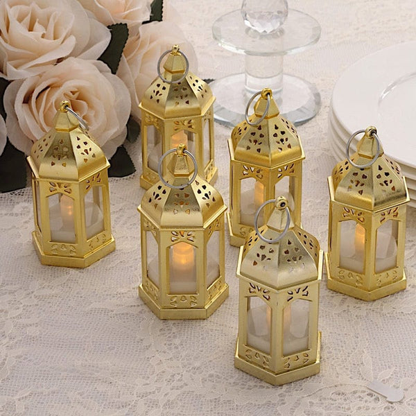 6 Gold Plastic Mini Lantern Lamps with Battery Operated LED Tealight Candles