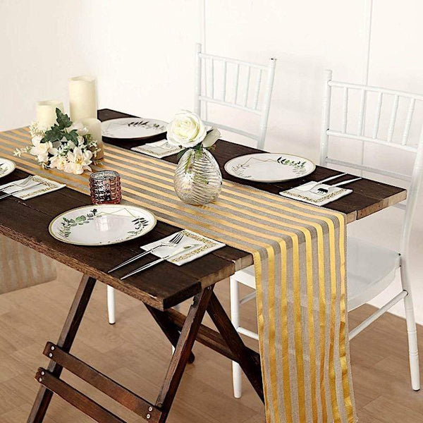 12x108 in Taupe and Gold Striped Faux Burlap Table Runner