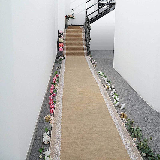 30 feet Natural Brown Burlap Aisle Runner with Lace