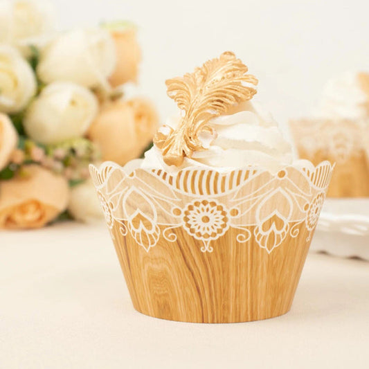 25 Natural with White Paper Cupcake Wrappers Wood Lace Print Muffin Liners