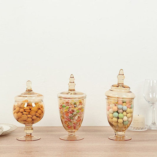 3 pcs 9" 10" 11" tall Amber Gold Glass Apothecary Jars with Lids
