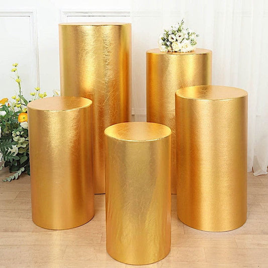 5 Cylinder Pedestal Metallic Fitted Spandex Display Stand Covers Set