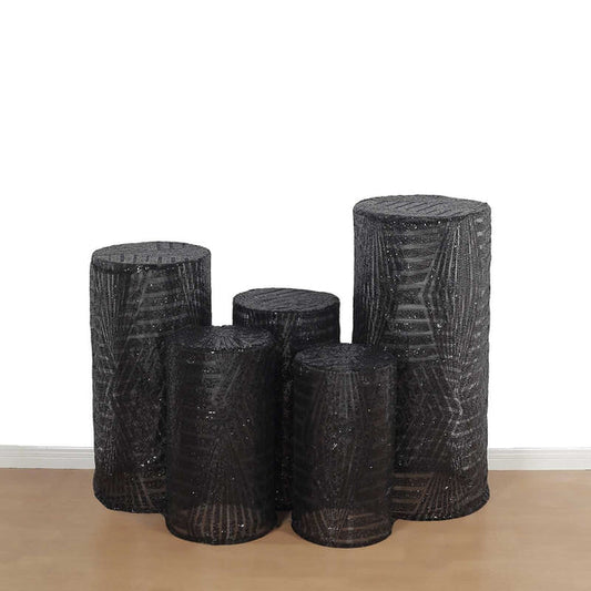 5 Cylinder Pedestal Mesh with Geometric Embroidered Sequins Display Stand Covers Set