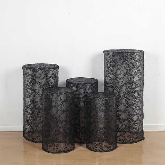 5 Cylinder Pedestal Mesh with Embroidered Leaf Vine Sequins Display Stand Covers Set
