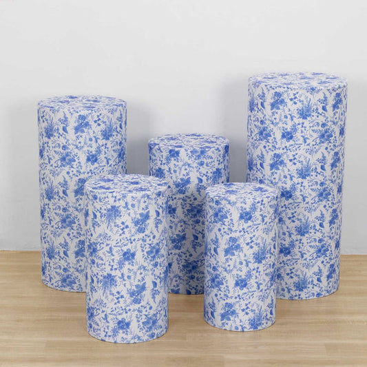 5 White Cylinder Pedestal Fitted Spandex Display Stand Covers Set with Blue Floral Print