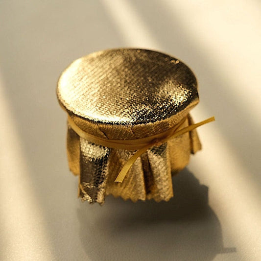 6 Metallic 6 in Round Lame Fabric Jar Covers with Satin Tie String