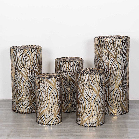 5 Cylinder Pedestal Mesh with Wavy Embroidered Sequins Display Stand Covers Set