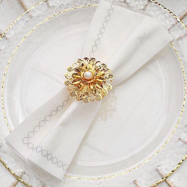 4 Gold 2 in Pearl Daffodil Flower Design Metal Napkin Rings