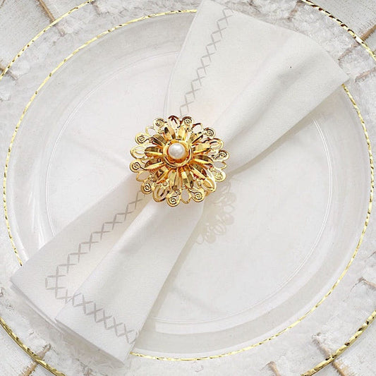 4 Gold 2 in Pearl Daffodil Flower Design Metal Napkin Rings