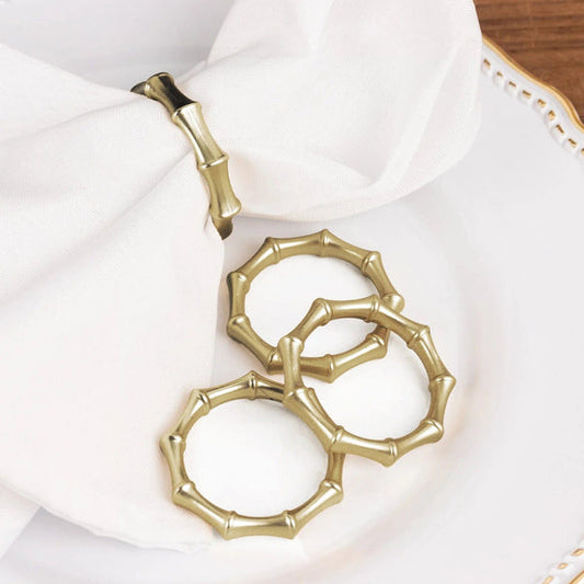 4 Gold 2 Round Metal Dinner Napkin Rings with Bamboo Knuckle Design