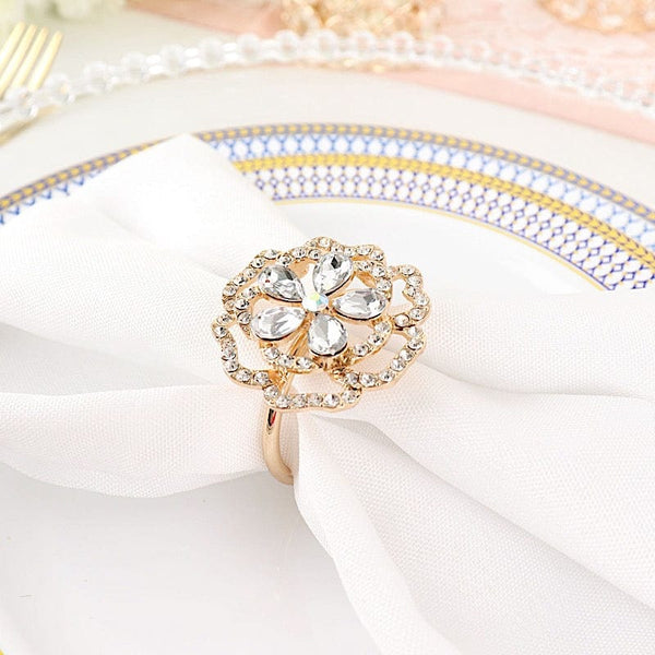 4 Gold Rose Flower Metal Dinner Napkin Rings with Rhinestones