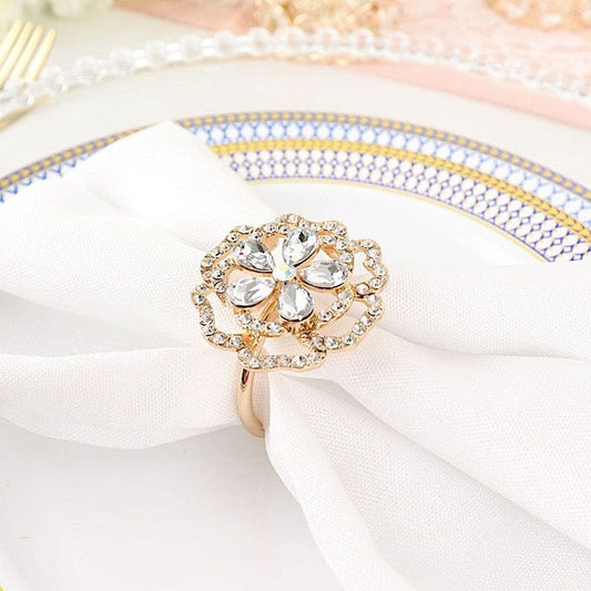 4 Gold Rose Flower Metal Dinner Napkin Rings with Rhinestones