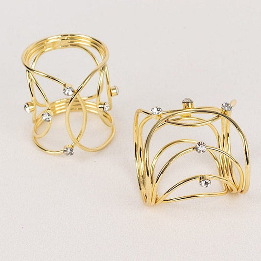 4 Metal Hollow Woven Dinner Napkin Rings with Rhinestones
