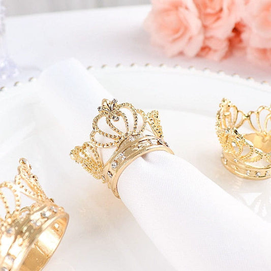 4 Round Metallic Crown with Rhinestones Dinner Napkin Rings