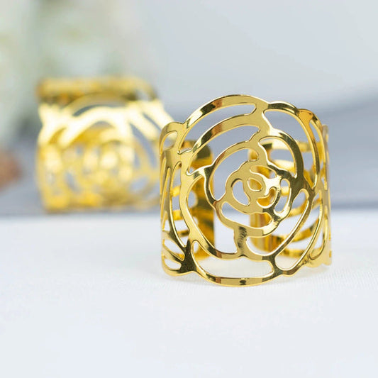 4 Gold Laser Cut Rose Flower Design Metal Napkin Rings
