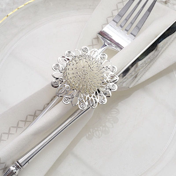 4 Silver 2 in Daisy Flower Design Metal Napkin Rings