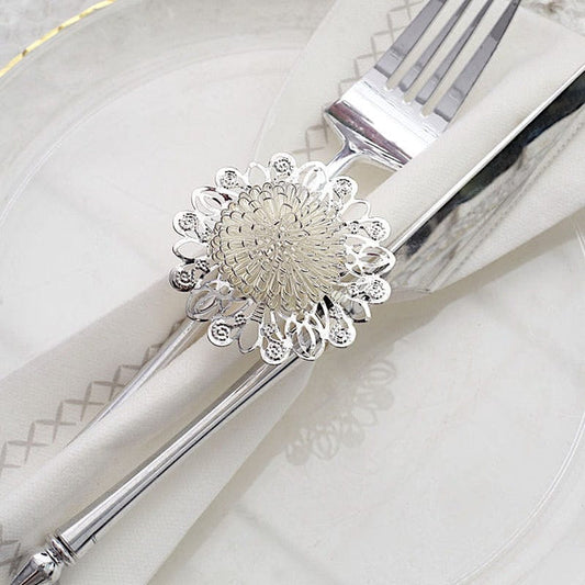 4 Silver 2 in Daisy Flower Design Metal Napkin Rings